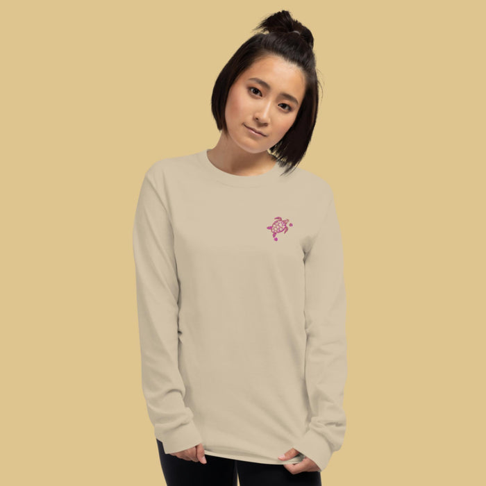 Classic-crew-shirt-heather-sand-long-sleeve-embroidered-in-sea-turtle-and -sea-shells-unisex SHOPTHELOWCOUNTRY.COM