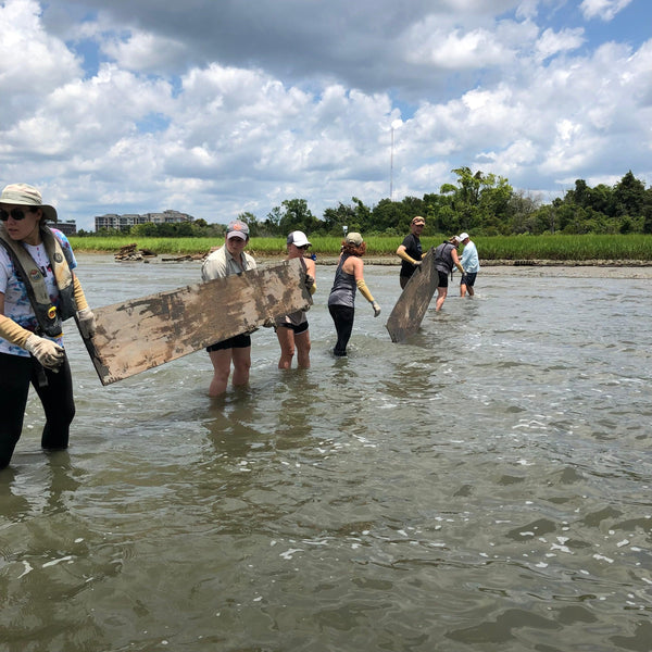 volunteers-passing-pluff-mud-planks-at-an-oyster-reef-build-mt pleasant-sc