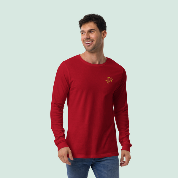 Long-sleeve-crew-neck-red-embroidered-gold-sea-turtle-shells-left-chest SHOPTHELOWCOUNTRY.COM