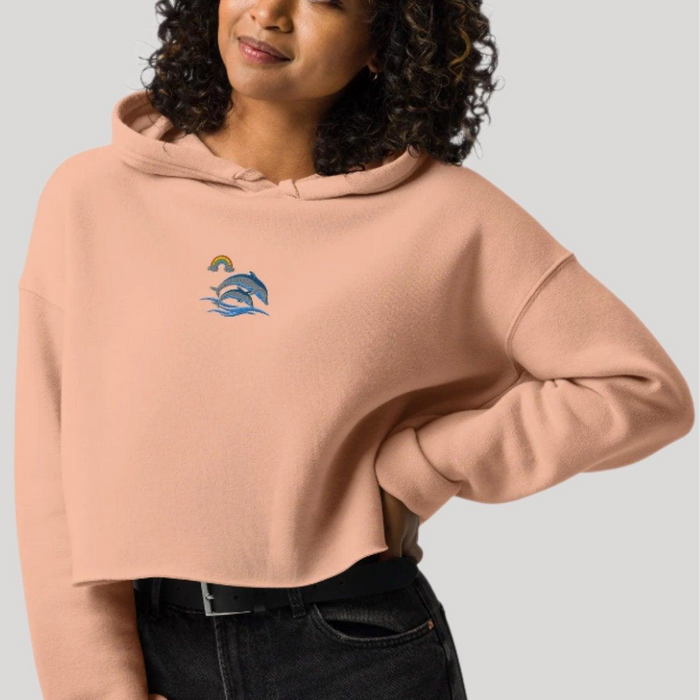 Womens Crop Hoodie embroidered Dolphins and Rainbow