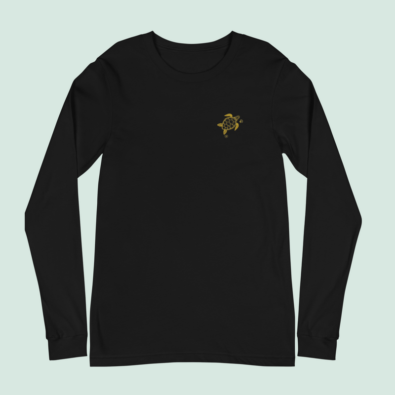 Long-sleeve-crew-neck-black-embroidered-gold-sea-turtle-shells-left-chest SHOPTHELOWCOUNTRY.COM