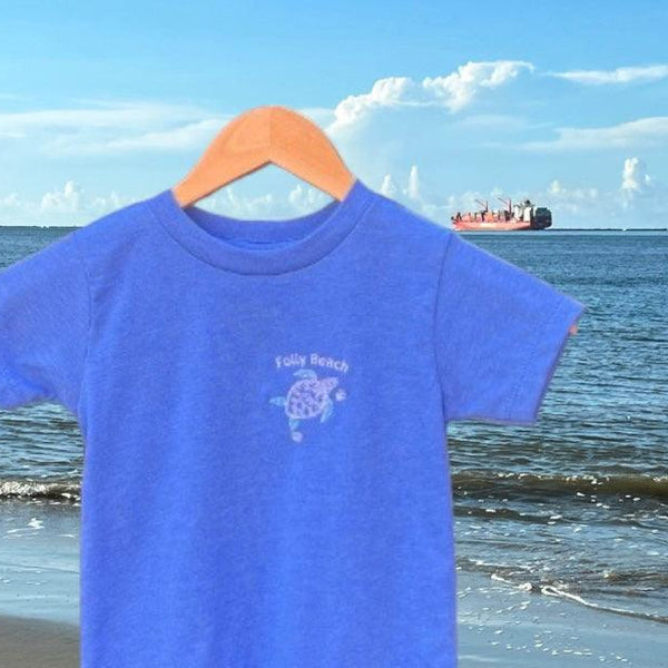 Folly Beach embroidered toddlers sea turtle and shells t-shirt-heather-blue at SHOPTHELOWCOUNTRY.COM LLC