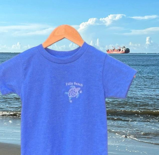 Folly Beach embroidered toddlers sea turtle and shells t-shirt-heather-blue at SHOPTHELOWCOUNTRY.COM LLC