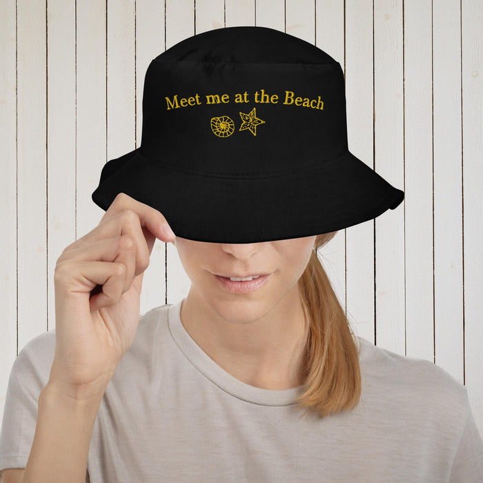 Embroidered "Meet me at the Beach" Bucket Hat black in gold text and shells  - available at SHOPTHELOWCOUNTRY.COM LLC