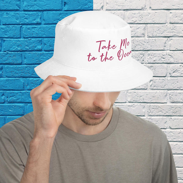 Embroidered "Take Me to the Ocean" Bucket Hat in white with text color flamingo - available at SHOPTHELOWCOUNTRY.COM LLC