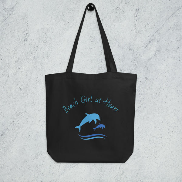 Beach-Girl-at-Heart- dolphins-waves- organic cotton tote in black- available at SHOPTHELOWCOUNTRY.COM LLC
