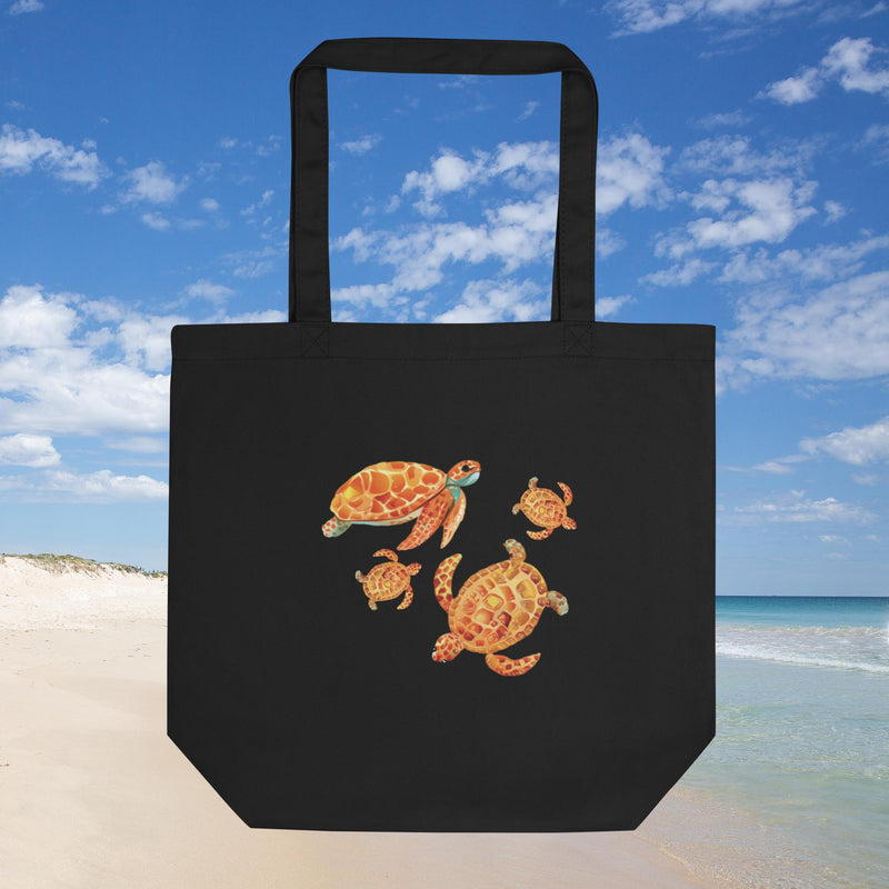 Organic-tote-bag-black-vibrant-sea-turtles-for-tech-gear-gym-anytime available at SHOPTHELOWOCOUNTRY.COM LLC
