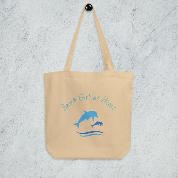 Eco Tote bag oyster color with dolphins and "Beach Girl at Heart" - available at SHOPTHELOWCOUNTRY.COM LLC 