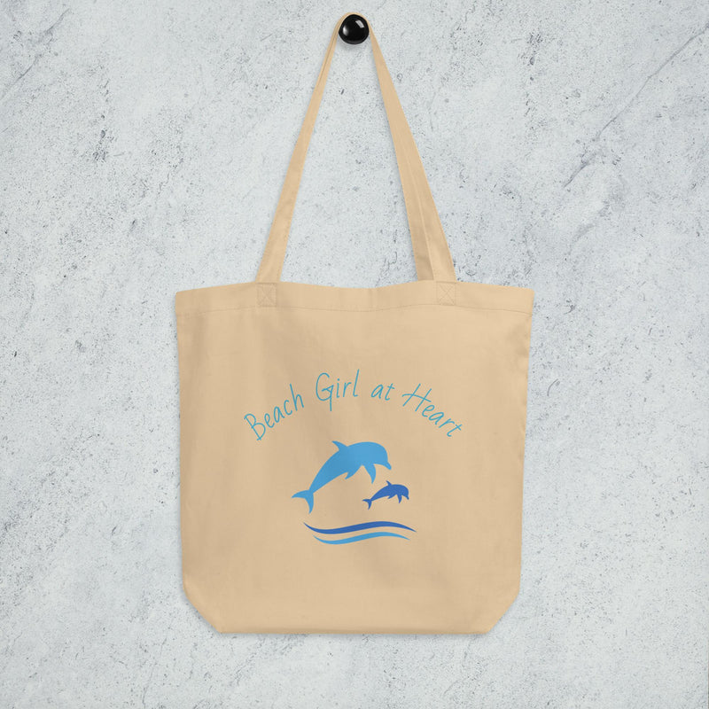 Eco Tote bag oyster color with dolphins and "Beach Girl at Heart" - available at SHOPTHELOWCOUNTRY.COM LLC 