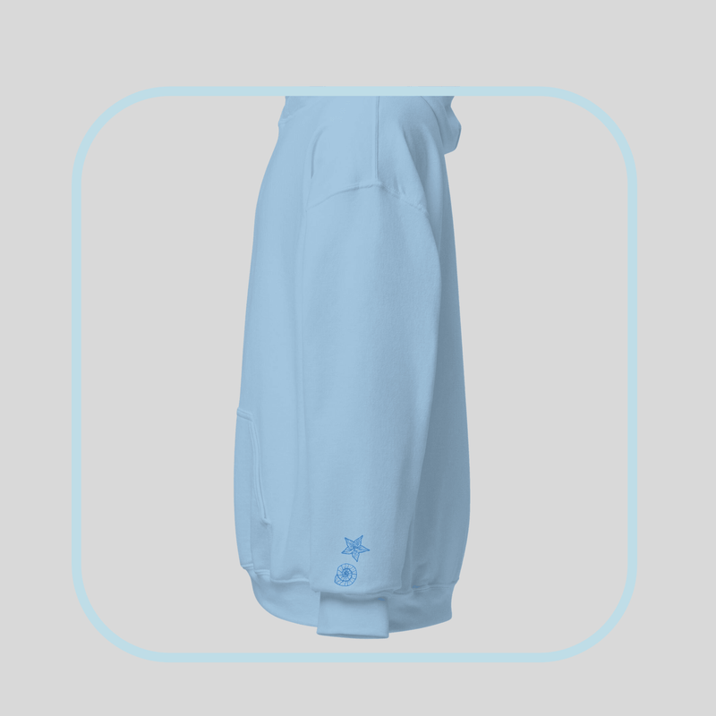 hoodie-light-blue-embroidered-wrist-shells available at SHOPTHELOWCOUNTRY.COM LLC