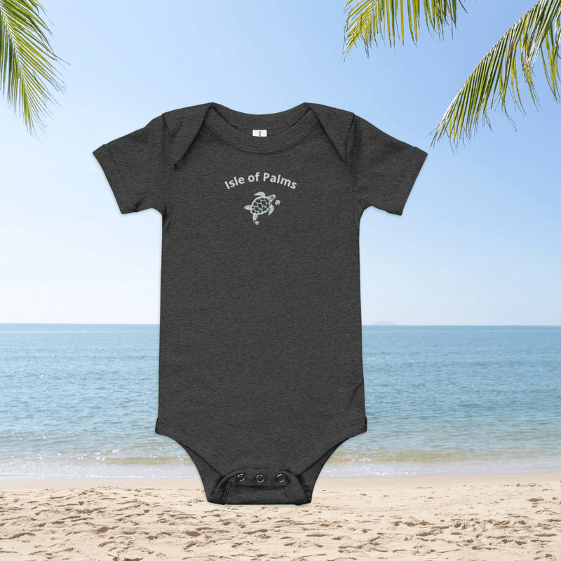 isle of palms baby onesie short sleeve heather dark grey heather embroidered white sea turtle shells available at SHOPTHELOWCOUNTRY.COM LLC
