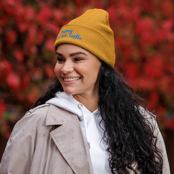 embroidered-beanie-organic-ribbed-journey-like-a-sea-turtle-in gold-teal SHOPTHELOWCOUNTRY.COM LLC