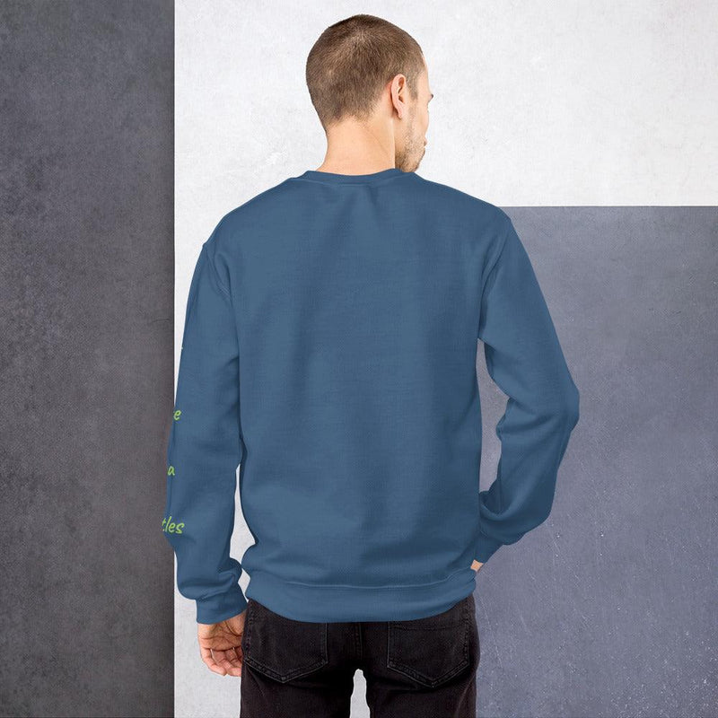 Sweatshirt indigo blue, rear view with sleeve print in your words, your way, only available at SHOPTHELOWCOUNTRY.COM LLC