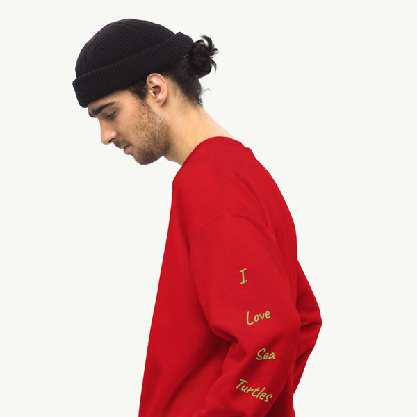 Sweatshirt side view in sunset red with sleeve print in your words, your way, only available at SHOPTHELOWCOUNTRY.COM LLC