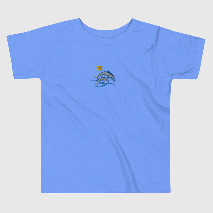 toddler-dolphins-sun-waves-heather-blue-short-sleeve-tee-embroidered-available at SHOPTHELOWCOUNTRY.COM LLC