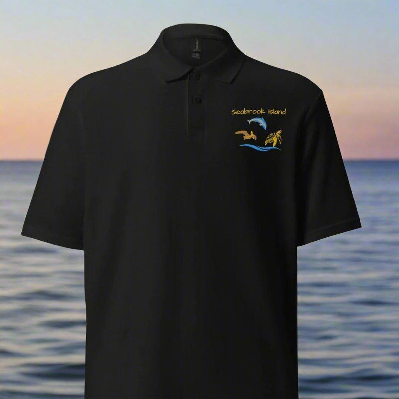 unisex-pique-polo-shirt-black-embroidered-sc-sea-life-seabrook-island-sea-life-unisex available at SHOPTHELOWCOUNTRY.COM LLC