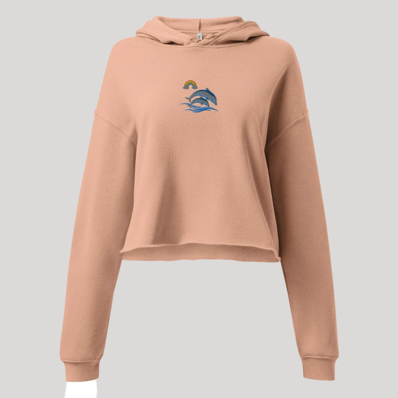 womens-crop0-hoodie-peacj-front-embroidered-dolphins-rainbow-waves available at SHOPTHELOWCOUNTRY.COM LLC